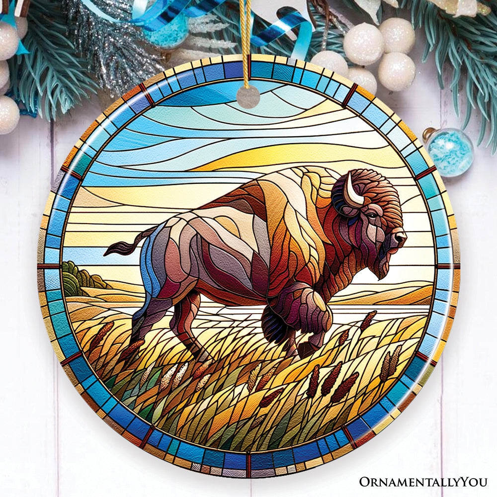 Great Plains Bison Stained Glass Themed Ceramic Ornament, Nature of the American Wild West Ceramic Ornament OrnamentallyYou 