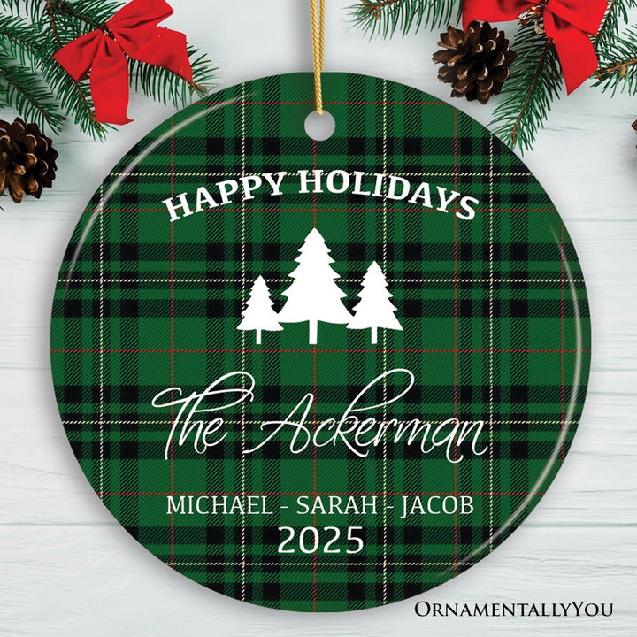 Green Christmas Plaid Personalized Family Ornament Ceramic Ornament OrnamentallyYou Circle 