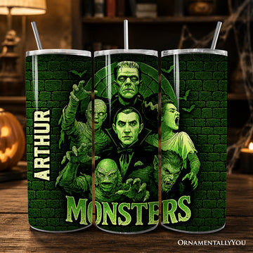 Green Retro Monsters 20oz Personalized Tumbler With Lid and Stainless Steel Straw, Vintage Classic Horror Halloween Gift Cup