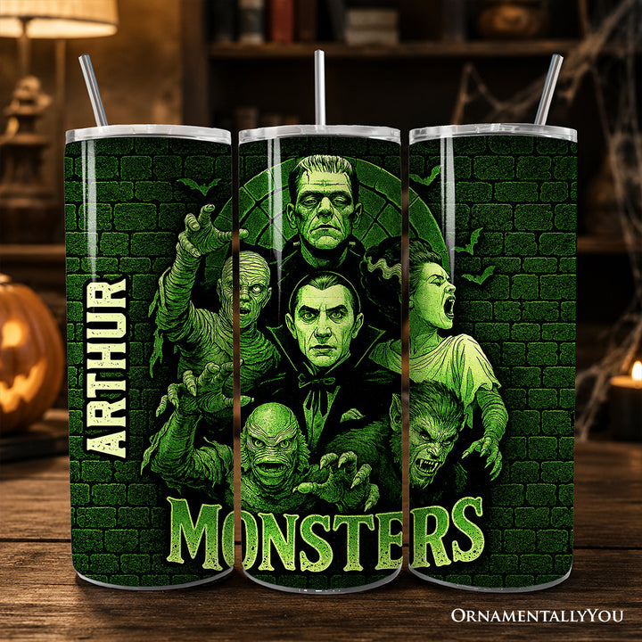 Green Retro Monsters 20oz Personalized Tumbler With Lid and Stainless Steel Straw, Vintage Classic Horror Halloween Gift Cup