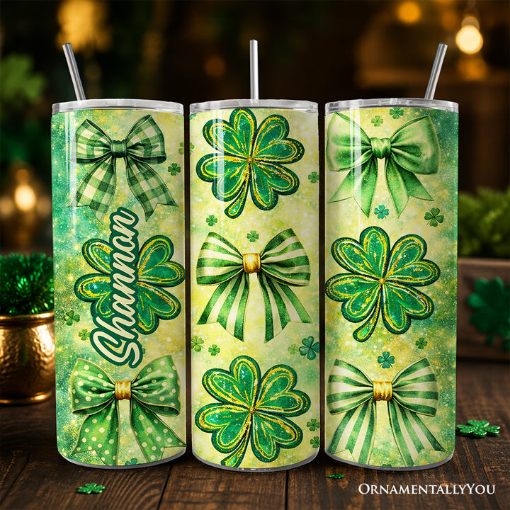 Green Shamrock Bow Pattern 20oz Personalized Tumbler With Lid and Stainless Steel Straw, Coquette St Patrick Gift Cup