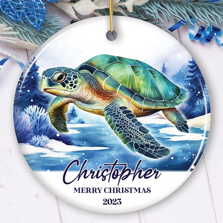 Green Turtle Personalized Ornament, Festive Christmas Gift With Custom Name and Date Ceramic Ornament OrnamentallyYou Circle 