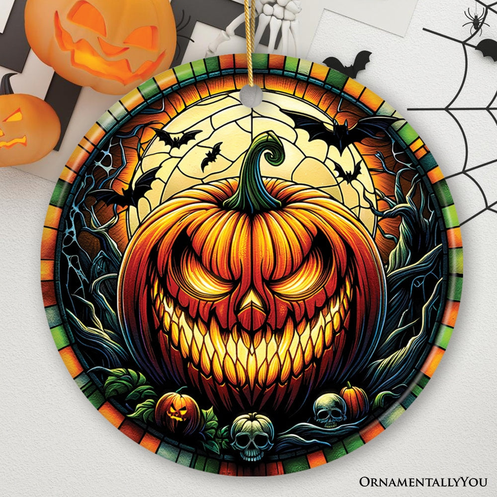 Grim Grinning Gourd Pumpkin Decor Stained Glass Style Ceramic Ornament, Halloween Themed Christmas Gift Ceramic Ornament OrnamentallyYou Circle 