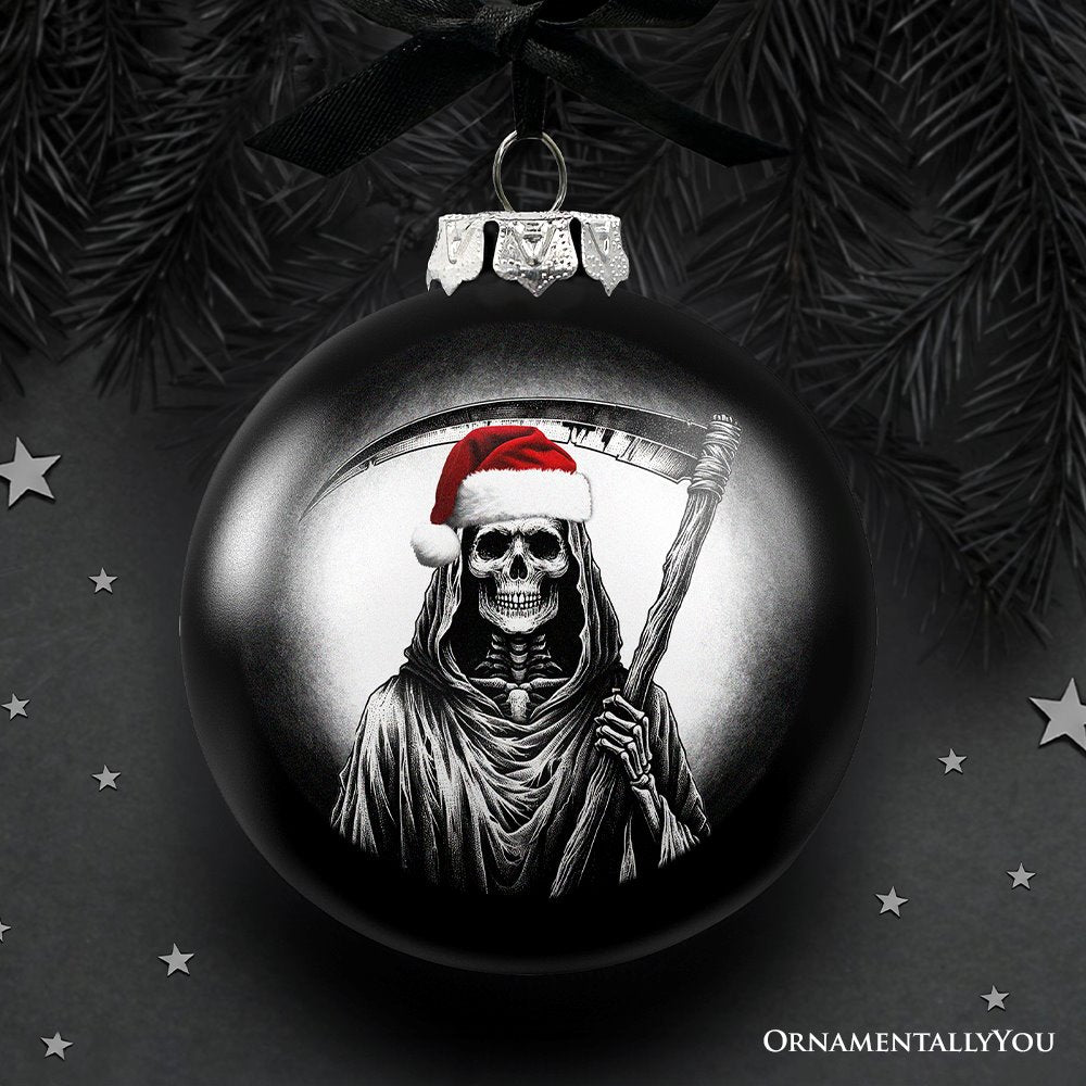 (Pre-Order) Grim Reaper Christmas Spooky Portrait Glass Ornament, Black Horror Halloween Tree Decoration Round Glass Ball Ornament OrnamentallyYou 