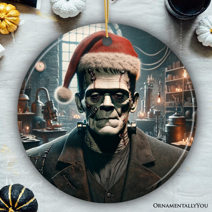 Grotesque Frankenstein with Santa Hat Ornament, Spooky Holiday Gift for Horror Fans Ceramic Ornament OrnamentallyYou Circle 