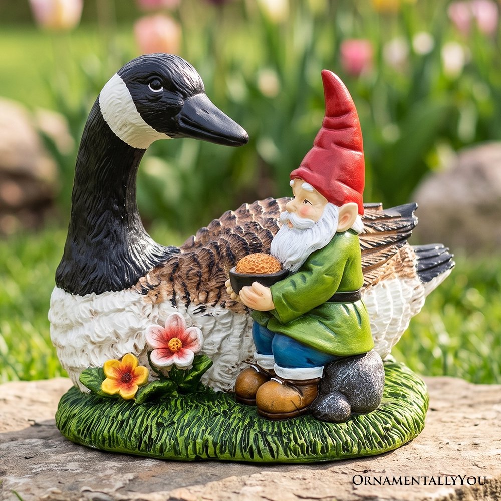 Gus the Canadian Goose & Gnorman the Gnome Garden Statue, 7" Figurine and Outdoor Decoration Resin Statues OrnamentallyYou 