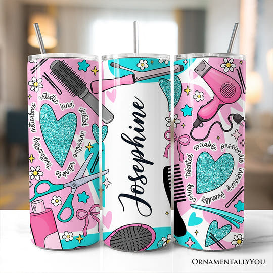 Hair Stylist Beauty Tools Pattern 20oz Personalized Tumbler With Lid and Stainless Steel Straw, Salon Cosmetology Gift Cup Tumbler OrnamentallyYou Customized 