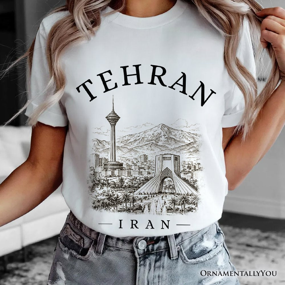 Hand-sketch Tehran Cityscape T-Shirt, Iran Landmarks Azadi and Milad Tower Tee T-Shirts OrnamentallyYou 