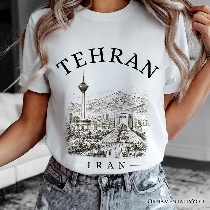 Hand-sketch Tehran Cityscape T-Shirt, Iran Landmarks Azadi and Milad Tower Tee T-Shirts OrnamentallyYou 