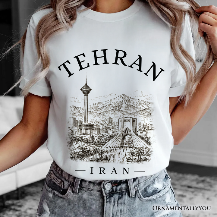 Hand-sketch Tehran Cityscape T-Shirt, Iran Landmarks Azadi and Milad Tower Tee
