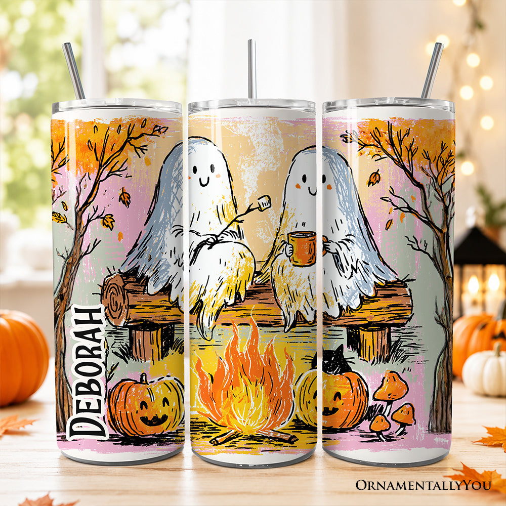 Handdrawn Camping Boo Ghost 20oz Personalized Tumbler With Lid and Stainless Steel Straw, Cozy Autumn Halloween Gift Cup