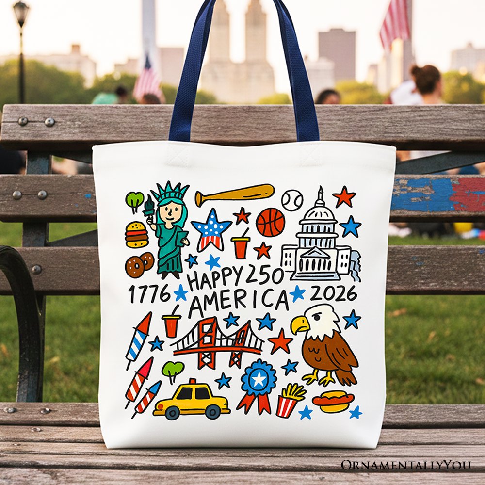 Happy 250 America Doodle Tote Bag, Patriotic USA 1776-2026 250th Anniversary Gift Shopper Tote Bag OrnamentallyYou Navy Handle 