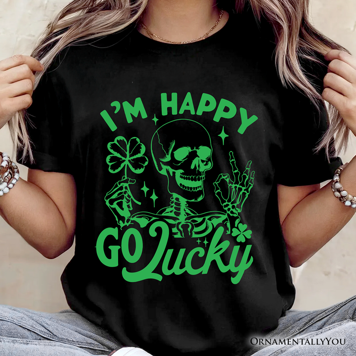 Happy Go Lucky Clover Skeleton St Patrick’s Day T-Shirt, Green Shamrock Vintage Tee