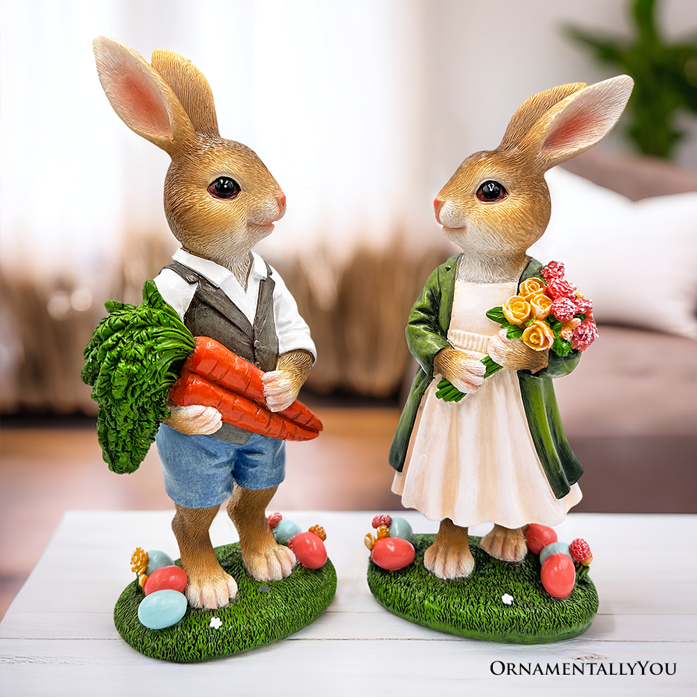 Harvest and Bloom Country Bunny Pair Figurine, 8" Rabbit Garden Statue Set