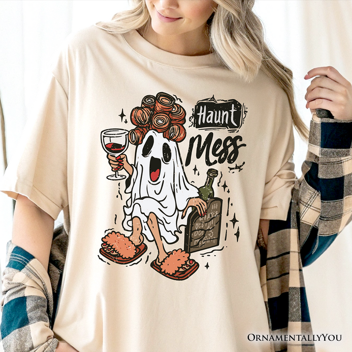 Haunt Mess Wine-Loving Ghost T-Shirt, Funny Halloween Tee with Spooky Ghost