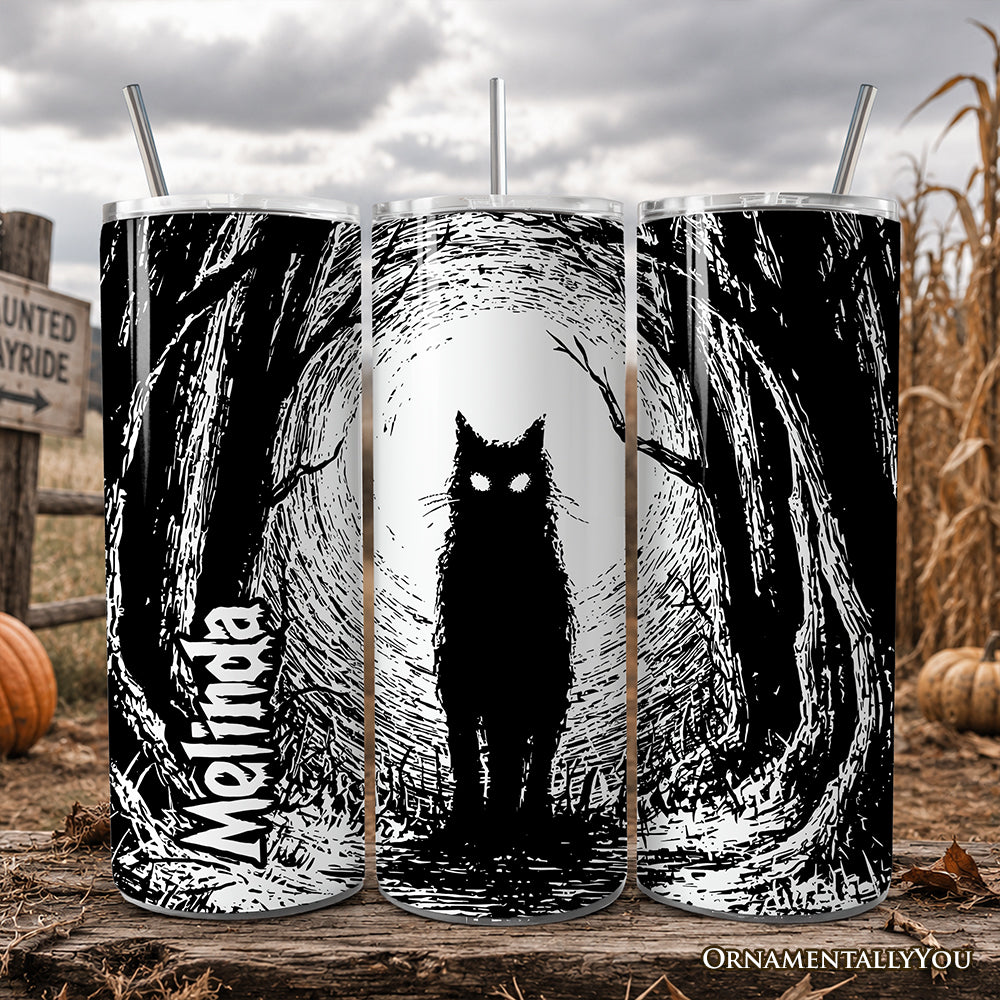 Haunted Forest Black Cat 20oz Personalized Tumbler With Lid and Stainless Steel Straw, Spooky Halloween Night Gift Cup