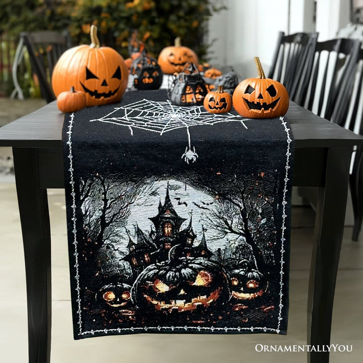 Haunted Horrors 72" Table Runner, Jacquard Halloween Home Black Tablecloth Decoration with Pumpkins and Spiderwebs Table Runner OrnamentallyYou 