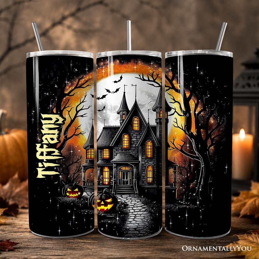 Haunted House Night Halloween 20oz Personalized Tumbler With Lid and Stainless Steel Straw, Spooky Horror Gift Cup