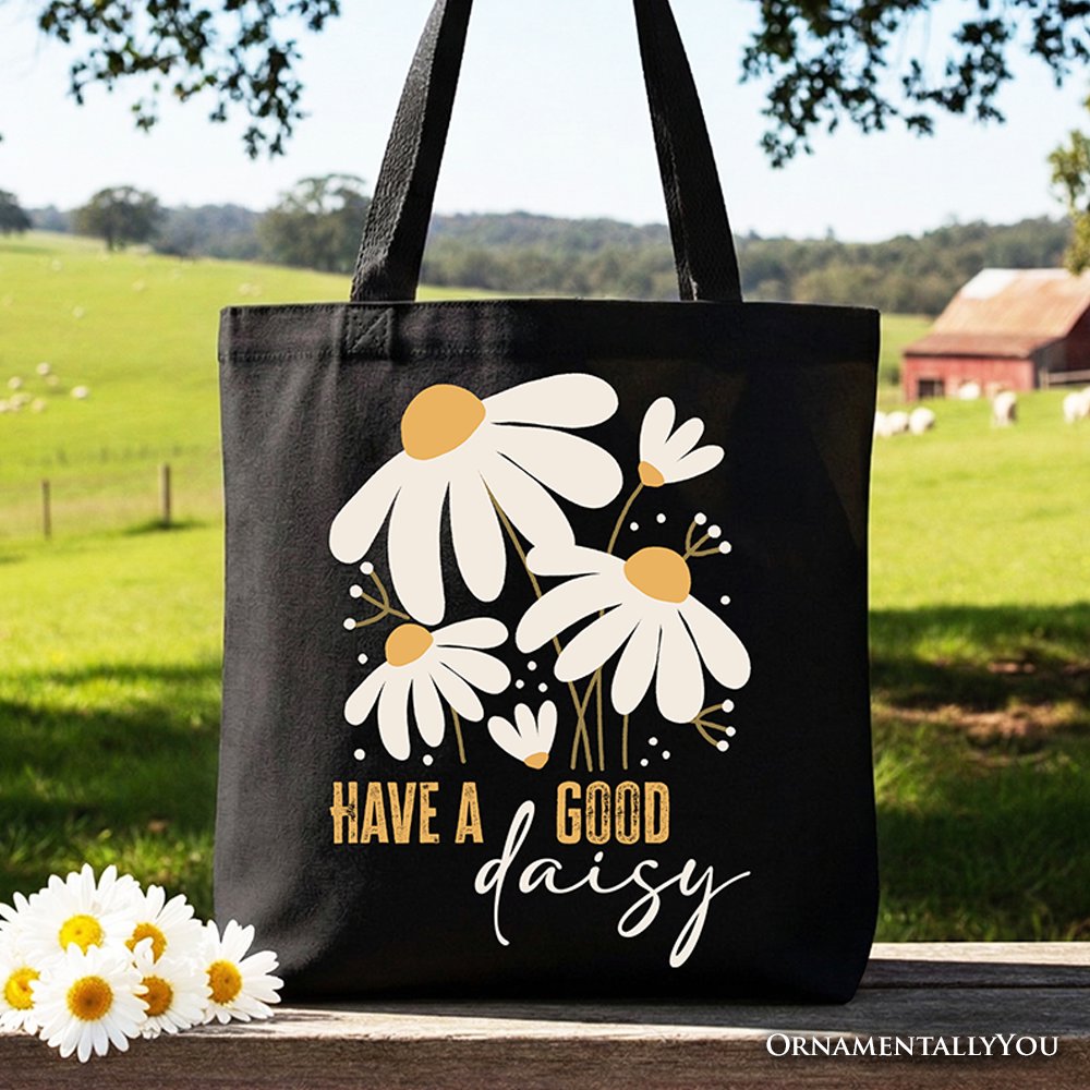 Have a Good Daisy Tote Bag, Floral Gift Shopper with Positive Retro Vibes Tote Bag OrnamentallyYou Black 