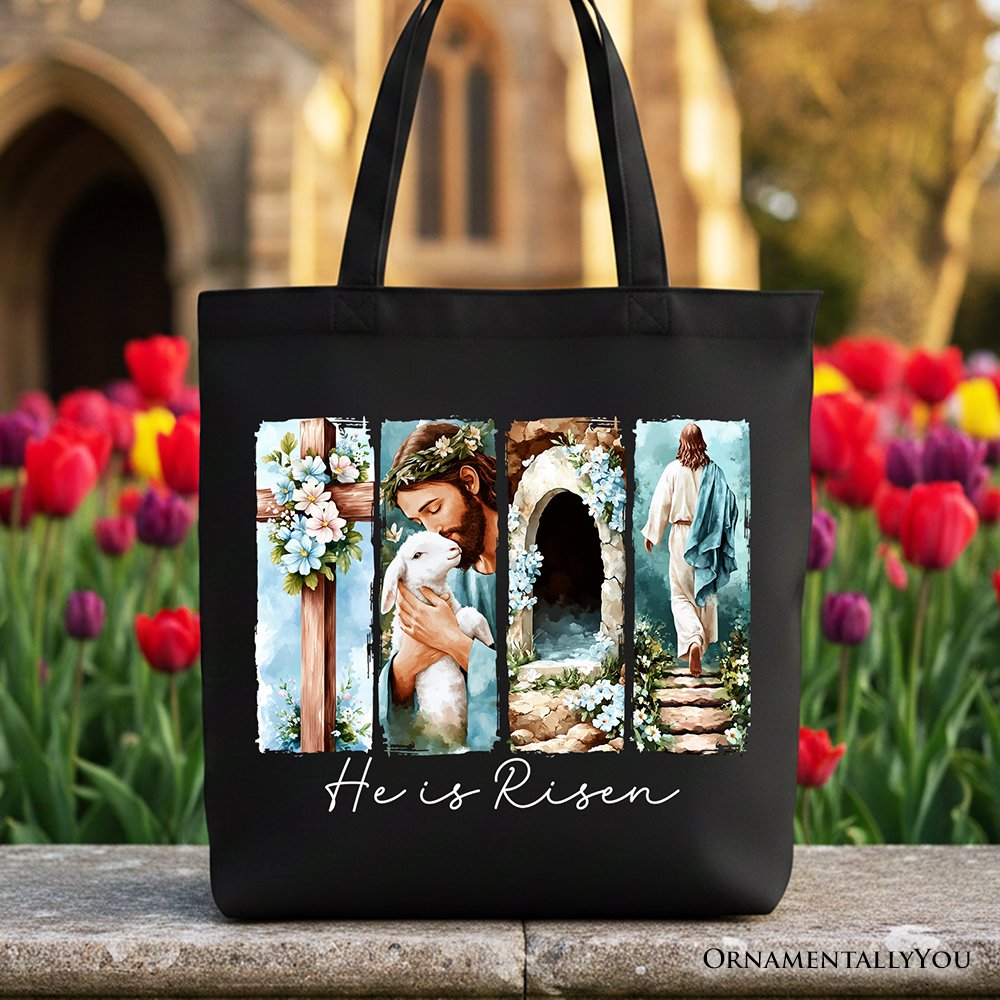 He Is Risen Christian Brushstroke Canvas Tote Bag, Festive Easter Gift Shopper Tote Bag OrnamentallyYou Black 