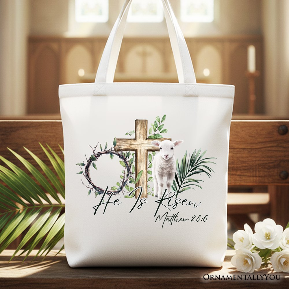He Is Risen Lamb Cross Christian Easter Tote Bag, Bible Verse Matthew 28:6 Gift Shopper Tote Bag OrnamentallyYou White 