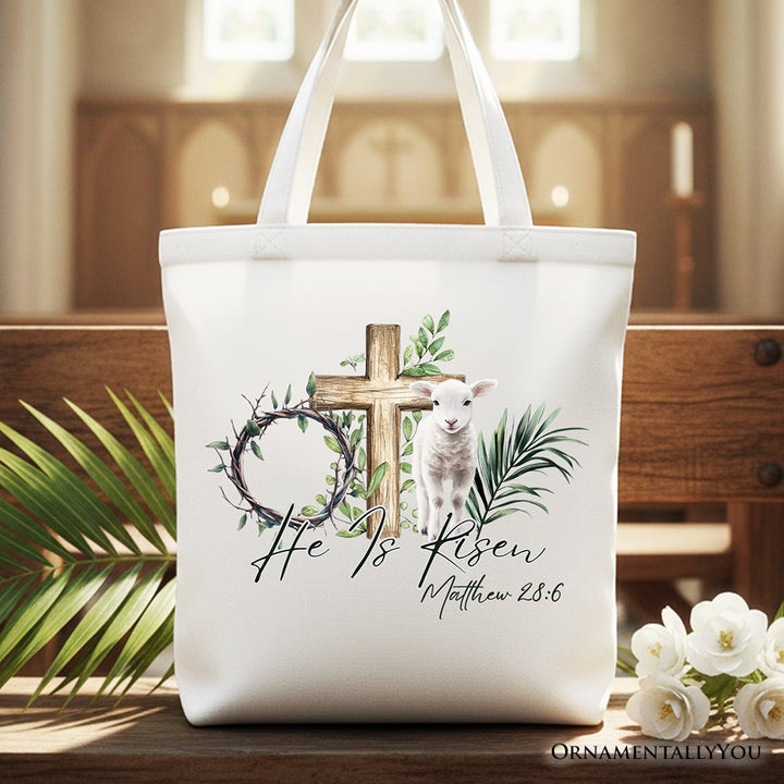 He Is Risen Lamb Cross Christian Easter Tote Bag, Bible Verse Matthew 28:6 Gift Shopper Tote Bag OrnamentallyYou White 