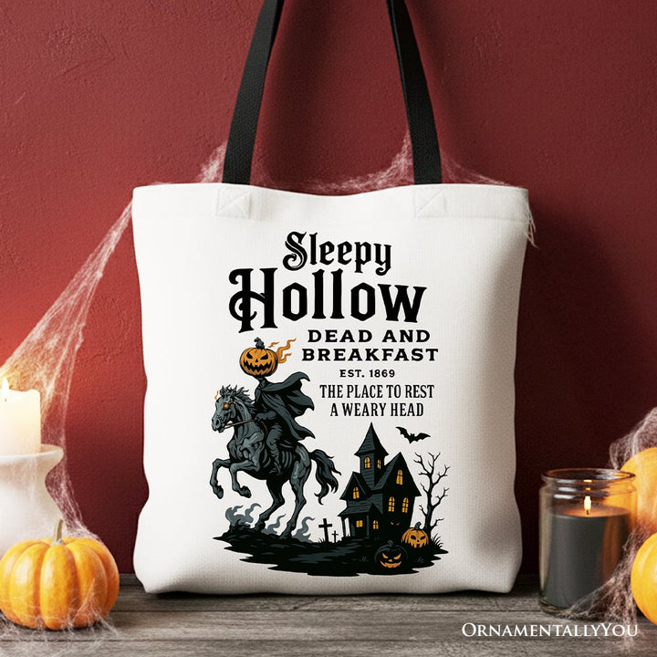 Headless Horseman Sleepy Hollow Halloween Canvas Tote Bag, Dead and Breakfast Retro Gift Tote Bag OrnamentallyYou Black Handle 