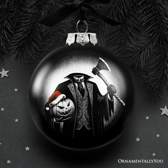 (Pre-Order) Headless Horseman Spooky Portrait Glass Christmas Ornament, Black Horror Halloween Tree Decoration Round Glass Ball Ornament OrnamentallyYou 