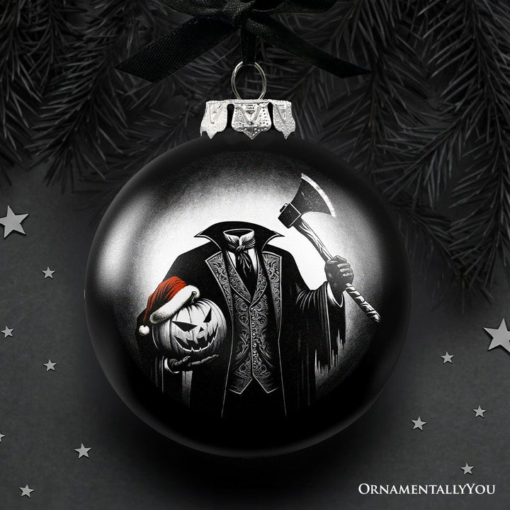 (Pre-Order) Headless Horseman Spooky Portrait Glass Christmas Ornament, Black Horror Halloween Tree Decoration Round Glass Ball Ornament OrnamentallyYou 