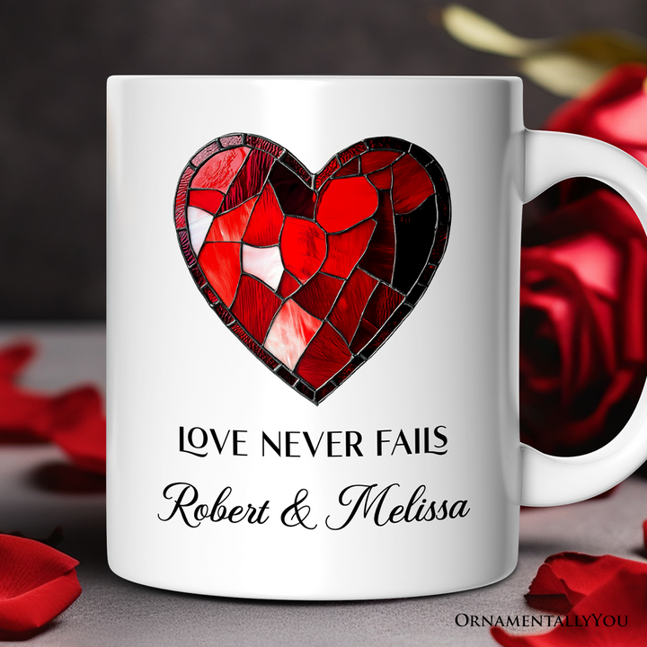 Heart Stained Glass Personalized Mug, Love Never Fails Custom Names Gift