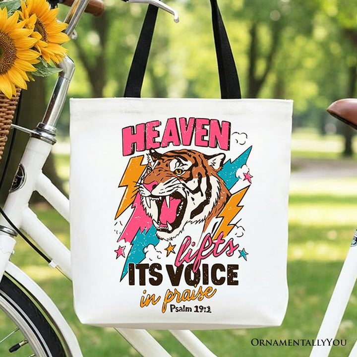 Heaven Lifts its Voice in Praise Christian Tote Bag, Tiger Psalm 191 Bible Verse Gift Shopper Tote Bag OrnamentallyYou Black Handle 