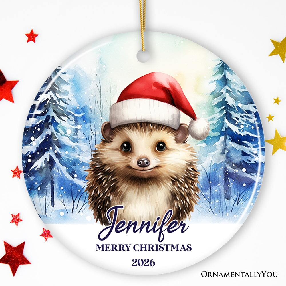 Hedgehog with Santa Hat Personalized Ornament, Winter Forest Christmas Gift With Custom Name and Date Ceramic Ornament OrnamentallyYou Circle 