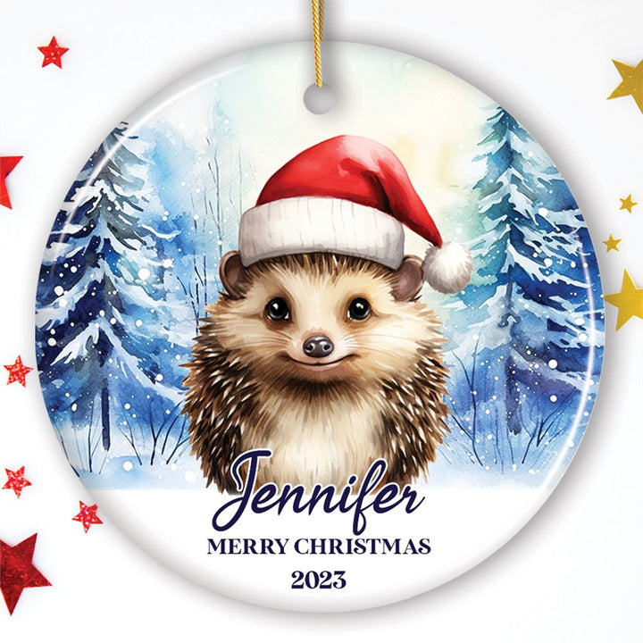 Hedgehog with Santa Hat Personalized Ornament, Winter Forest Christmas Gift With Custom Name and Date Ceramic Ornament OrnamentallyYou Circle 