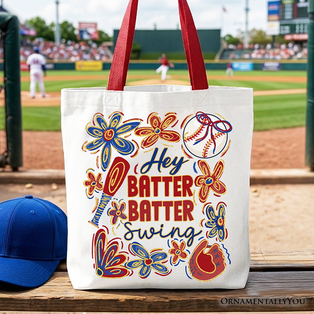 Hey Batter Batter Swing Tote Bag, Retro White and Natural Baseball Gift Shopper Tote Bag OrnamentallyYou Red Handle 