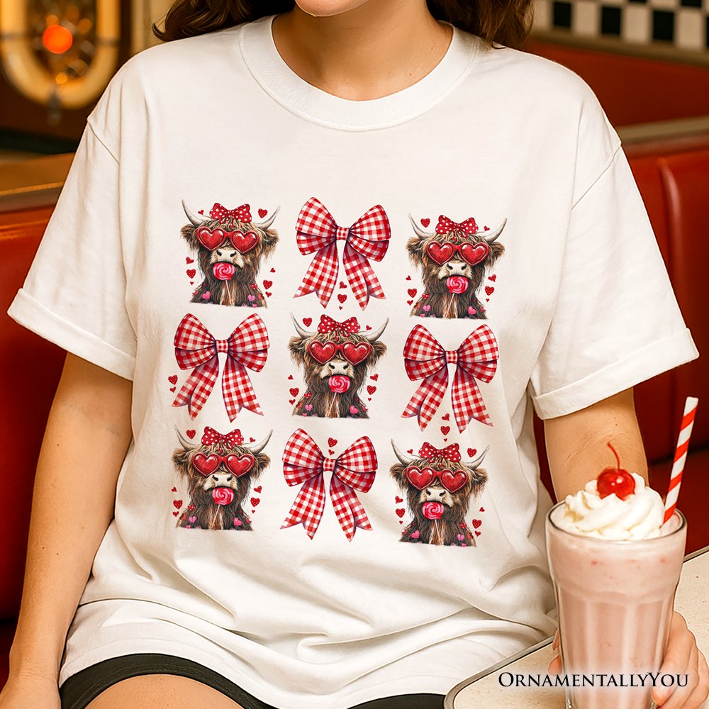 Highland Cow Coquette Bow Valentine T-Shirt, Cute Hearts Western Tee T-Shirts OrnamentallyYou 