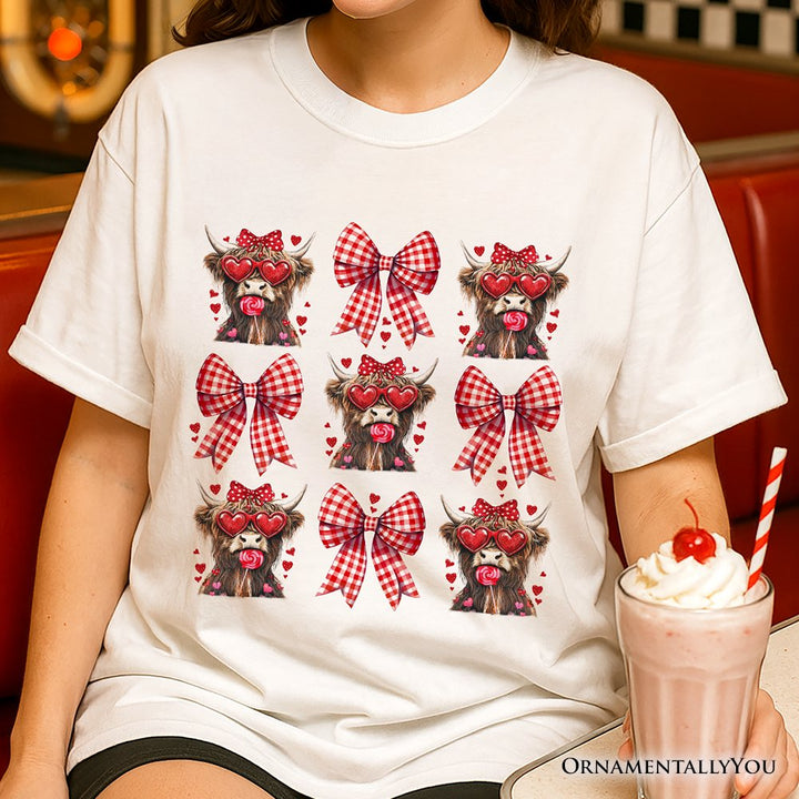 Highland Cow Coquette Bow Valentine T-Shirt, Cute Hearts Western Tee T-Shirts OrnamentallyYou 