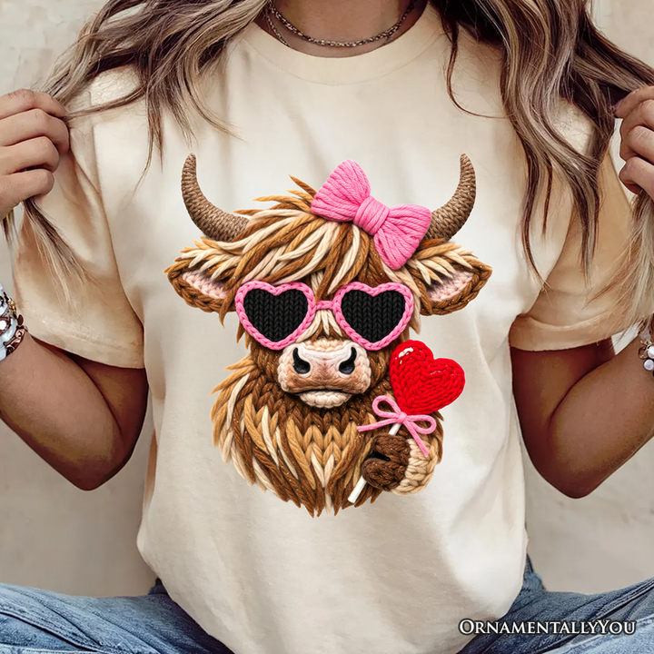 Highland Cow Faux-Yarn Valentine T-Shirt, Cute Knit Coquette Tee