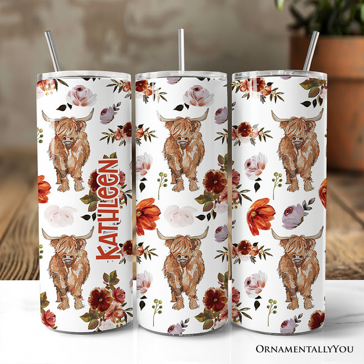 Highland Cow Floral 20oz Personalized Tumbler With Lid and Stainless Steel Straw, Chic Western Farmhouse Gift Cup