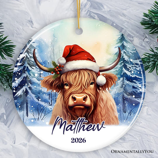 Highland Cow Personalized Ornament, Enchanted Frost Christmas Gift With Custom Name and Date Ceramic Ornament OrnamentallyYou Circle 