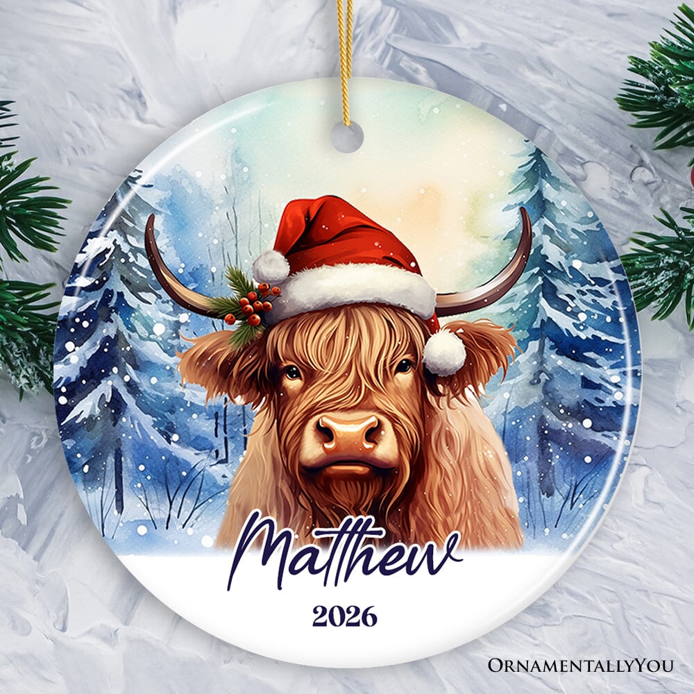 Highland Cow Personalized Ornament, Enchanted Frost Christmas Gift With Custom Name and Date Ceramic Ornament OrnamentallyYou Circle 