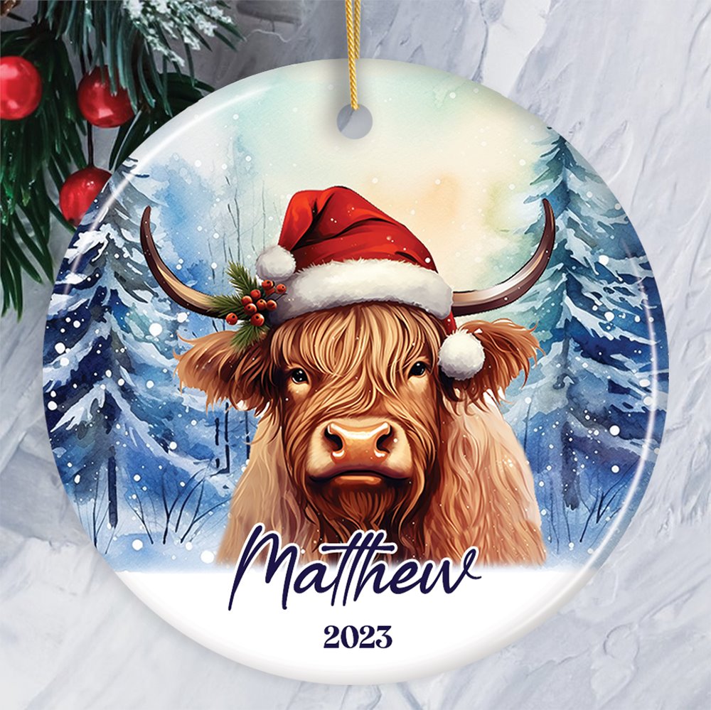 Highland Cow Personalized Ornament, Enchanted Frost Christmas Gift With Custom Name and Date Ceramic Ornament OrnamentallyYou Circle 