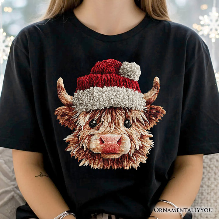 Highland Cow Santa Hat Christmas T-Shirt, Imitation Latch Hook Yarn Cozy Tee T-Shirts OrnamentallyYou 