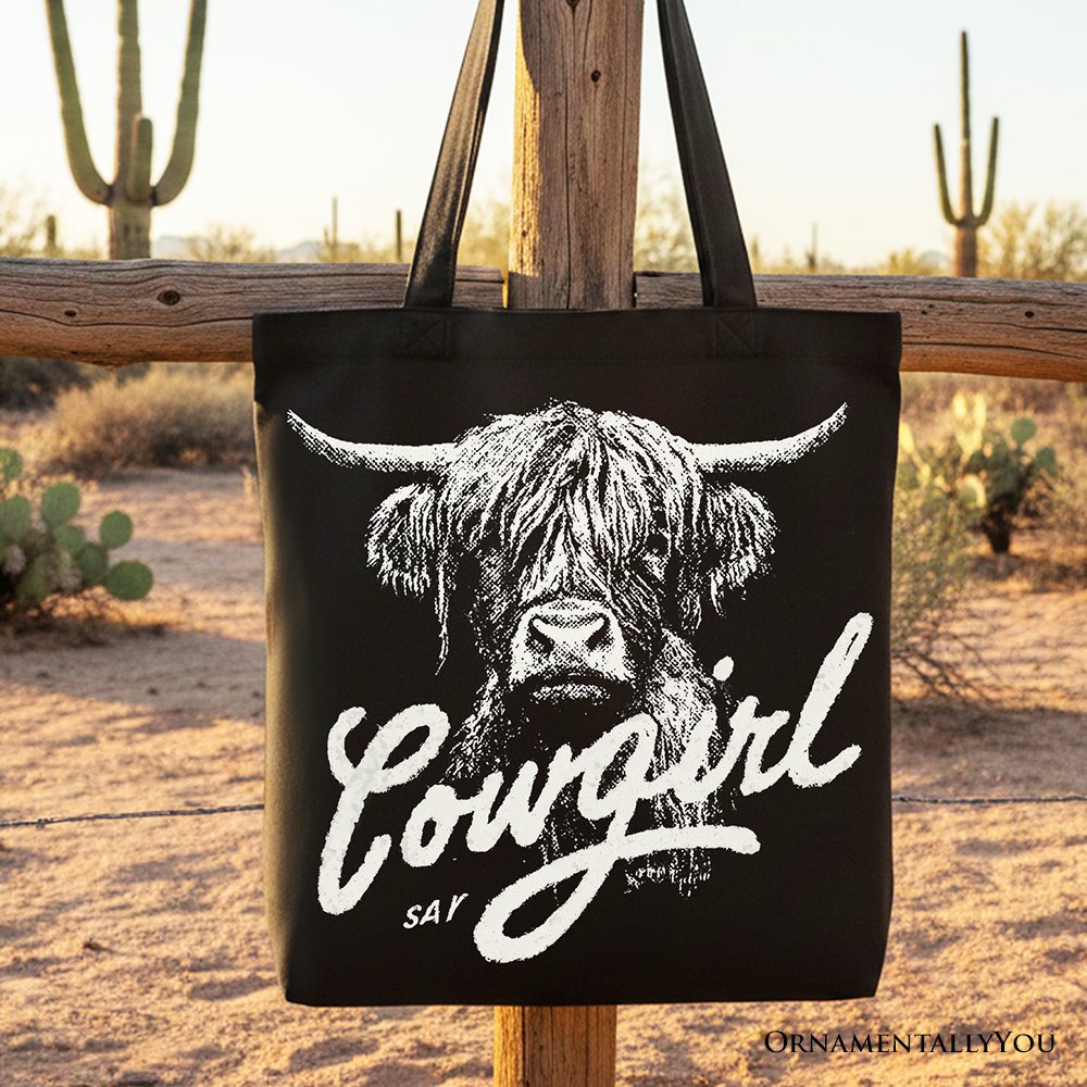 Highland Cow Vintage Cowgirl Canvas Tote Bag, Western Country Gift Shopper For Women Tote Bag OrnamentallyYou Black 