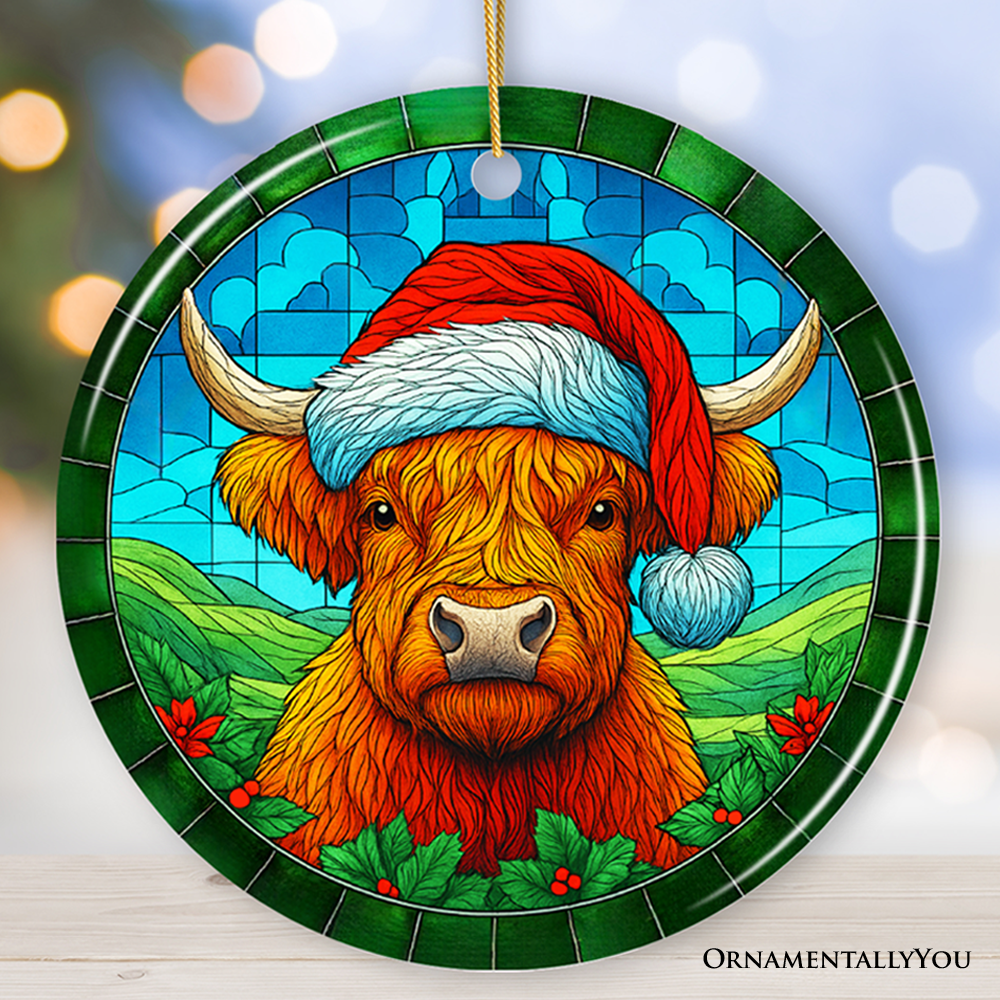 Highland Cow in Santa Hat Stained Glass Style Ceramic Ornament, Christmas Gift and Farmhouse Holiday Decor