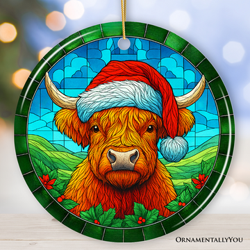 Highland Cow in Santa Hat Stained Glass Style Ceramic Ornament, Christmas Gift and Farmhouse Holiday Decor