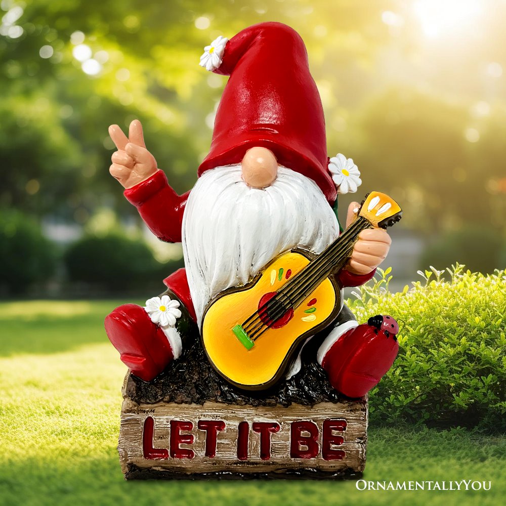 Hippy Gnome with Guitar Garden Statue, Unique Flowers and Peace Sign Resin Statues OrnamentallyYou 