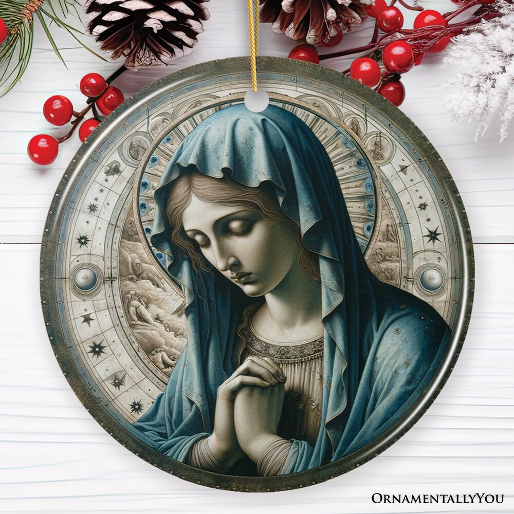 Holy Madonna Virgin Mary in Prayer Ceramic Ornament, Religious Painting Souvenir And Decor Ceramic Ornament OrnamentallyYou Circle 