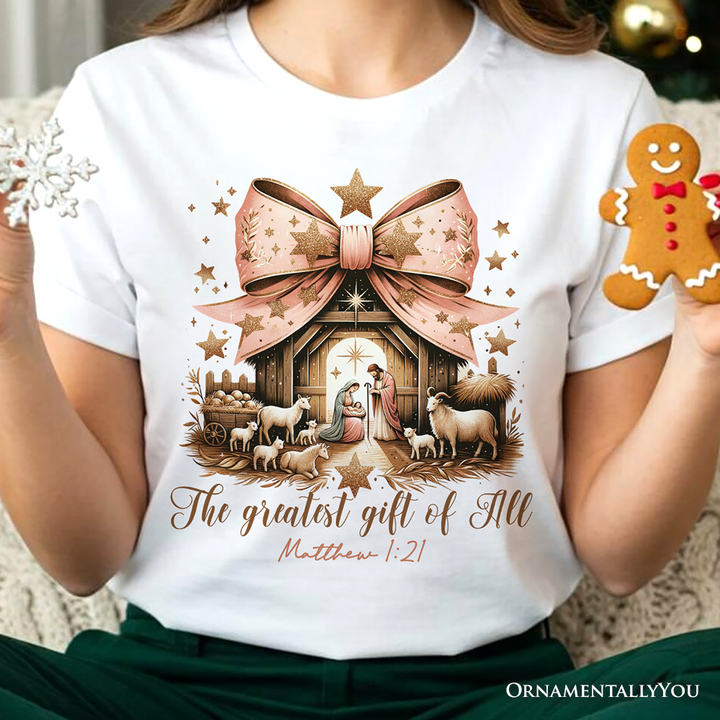 Holy Night Nativity Scene Jesus T-Shirt, The Greatest Gift of All Matthew 1:21 Christian Christmas Tee