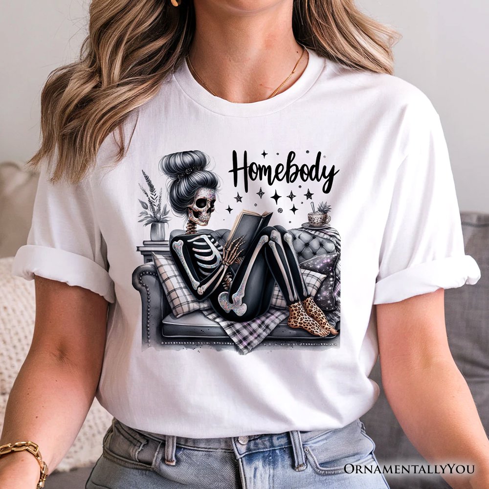 Homebody Reading Skeleton T-Shirt, Funny Lazy Selfcare Tee for Introvert Women T-Shirts OrnamentallyYou 