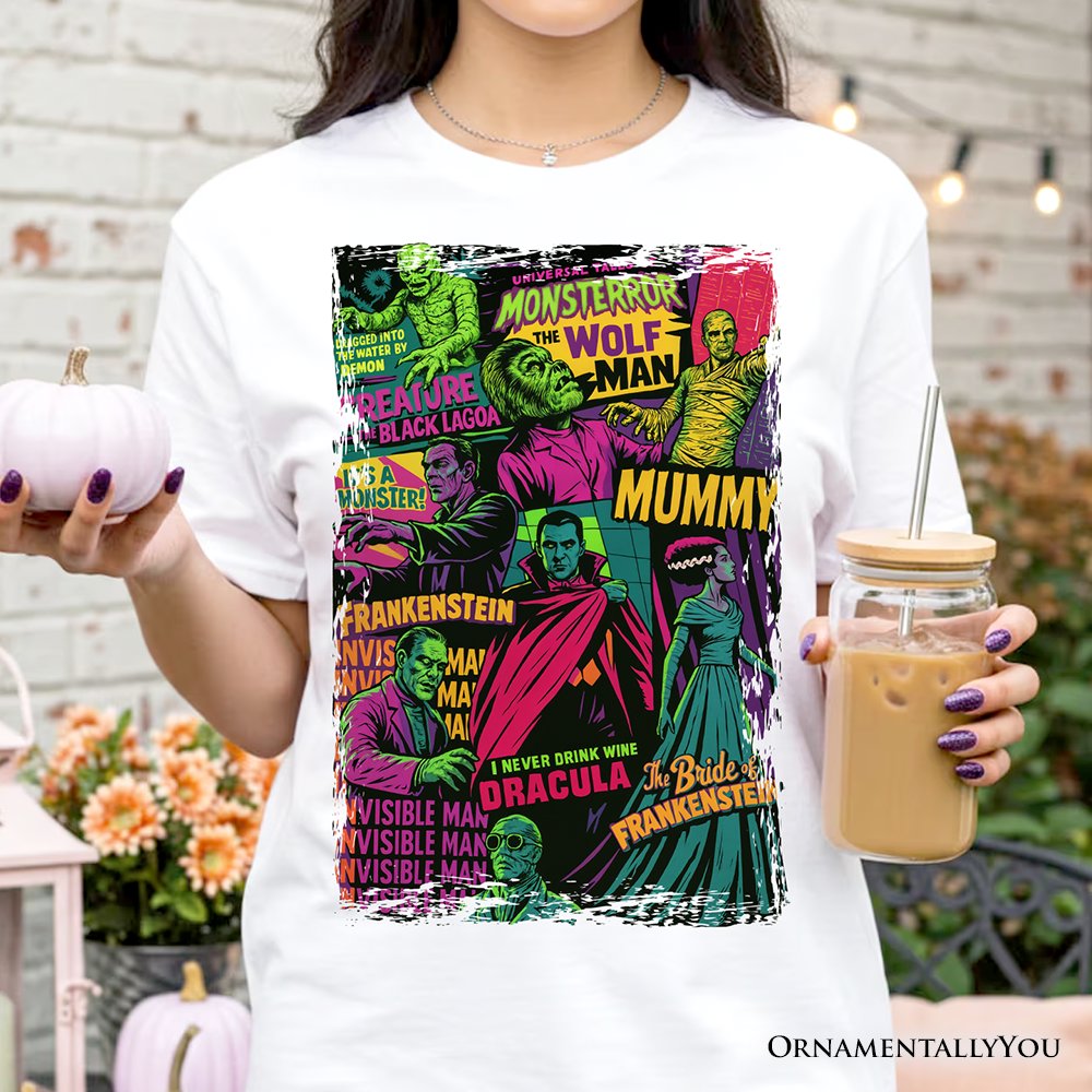 universal monsters t shirts Horror Comic Classic Monsters T-Shirt, Vintage Scary Halloween Tee White 3XL